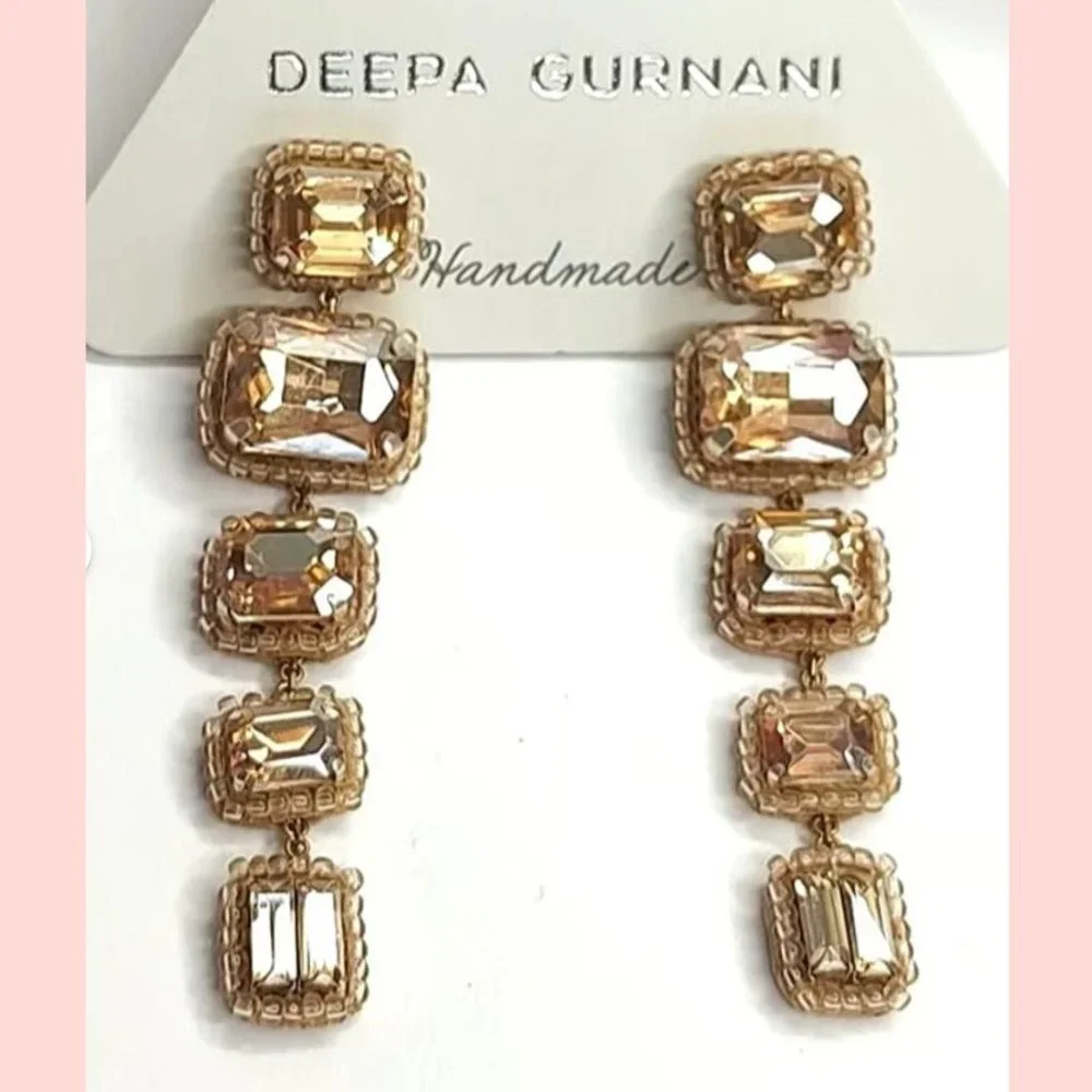 Deepa Gurnani Linear Crystal Drop Earrings Gold NWT - Picture 7 of 8